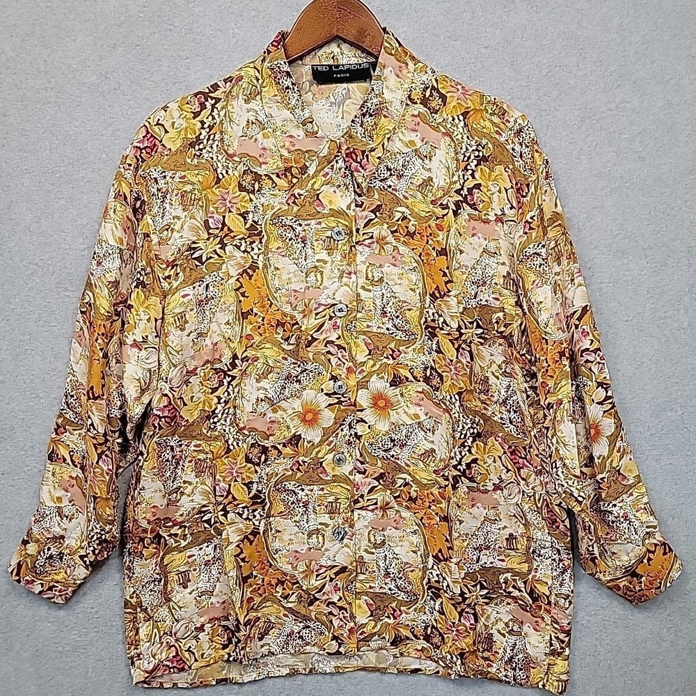 TED LAPIDUS Paris Chic Gold Pink Leopard Silk Blouse Top Long‎ Sleeve Women's M